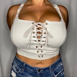 Plus size, white Forever21 lace up, busty crop top